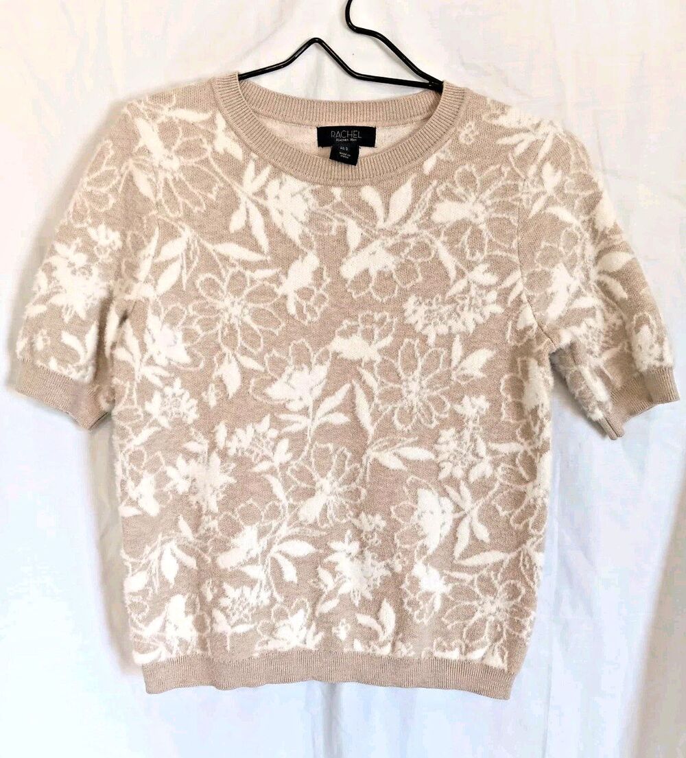 Rachel Roy Women’s S Floral Short Sleeve Knit Sweater Beige Ivory Crewneck